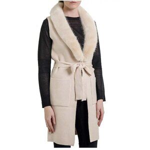 LT Love Token Womens Renee Faux Fur Plunging Neck Cream Knit Duster Vest Size XS